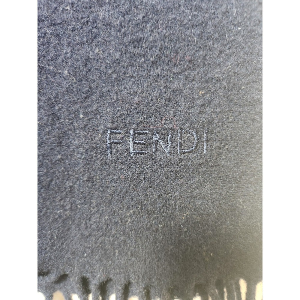 Fendi Navy Blue 100% Wool Neck Scarf‎ 12"X52" Unisex Fringe Italian Embroidered - Picture 3 of 5